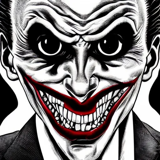 Prompt: The Joker portrait in the style of Junji Ito. Manga. Black and white. Gothic. Horror. Extremely detailed. 4K.