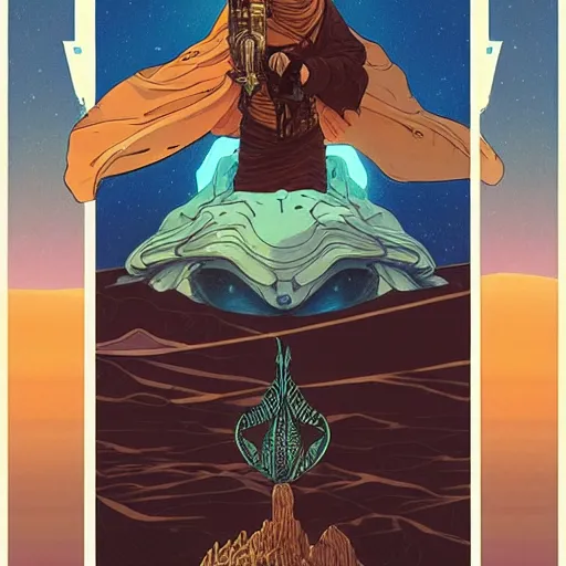 Prompt: majestic dune themed paul atreides messianic tarot card by sachin teng, moebius, artgerm, alphonse mucha, masterpiece, organic painting, matte painting, futuristic geometrical drawing shapes, desert ambience, hard edges, graffiti, poster art by sachin teng