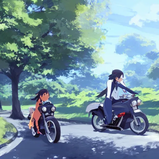 Prompt: a girl in school uniform driving a motorcycle for a ride,by Makoto Shinkai