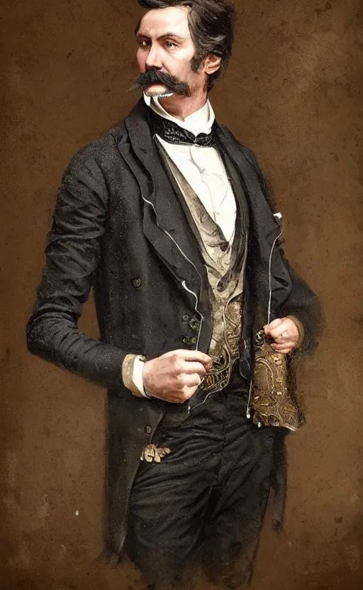 Image similar to Portrait of a victorian gentleman wearing a waistcoat, male, detailed face, victorian, highly detailed, cinematic lighting, digital art painting by greg rutkowski