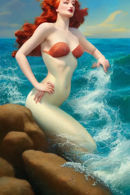 Image similar to sophie turner as the little mermaid splashed onto a rock ocean wave by Gil Elvgren Stanley Artgerm Lau, WLOP, James Jean, Andrei Riabovitchev, Marc Simonetti, Yoshitaka Amano, ArtStation, CGSociety, cinematic lighting, shining eyes, art nouveau