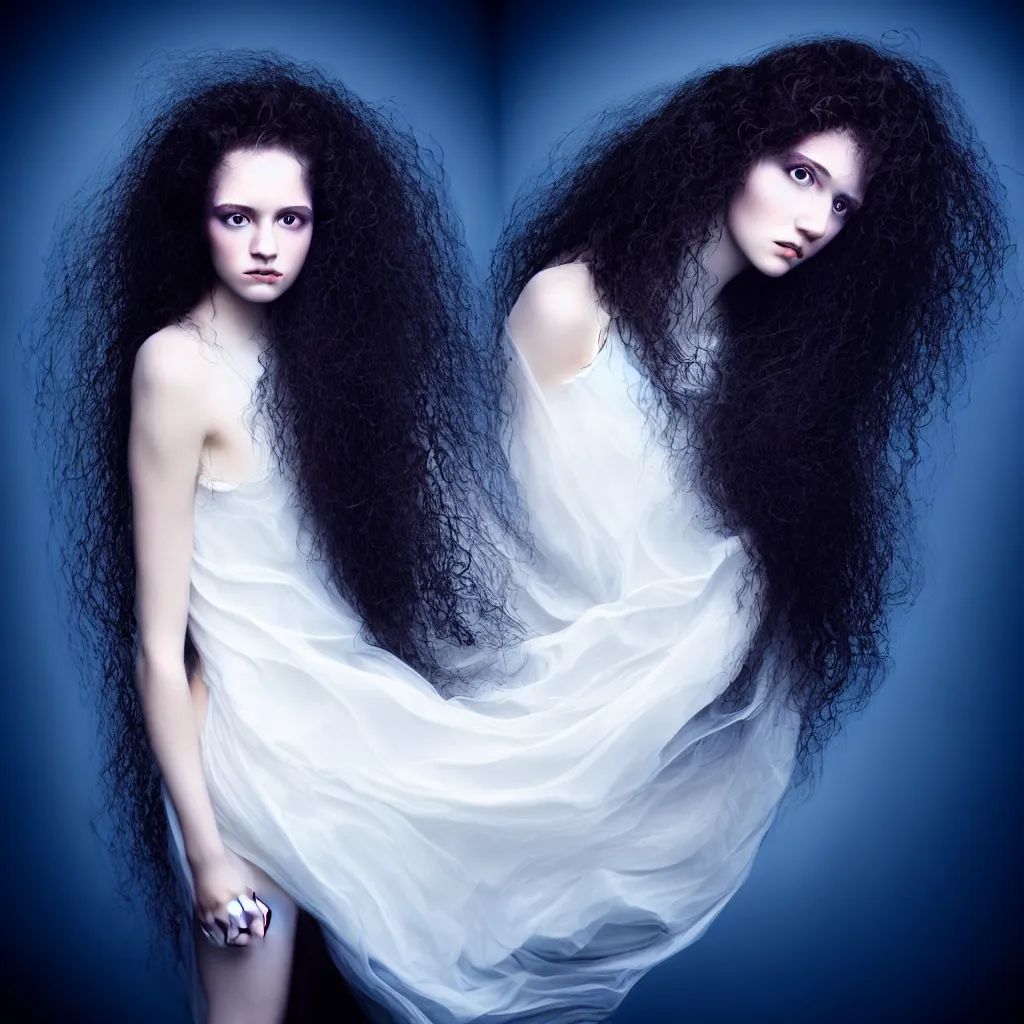 Image similar to High detatiled close-up of a young woman with long dark curly hair dressed in long white, fine art photography light painting by Paolo Roversi, professional studio lighting, dark blue background, hyper realistic photography, fashion magazine style