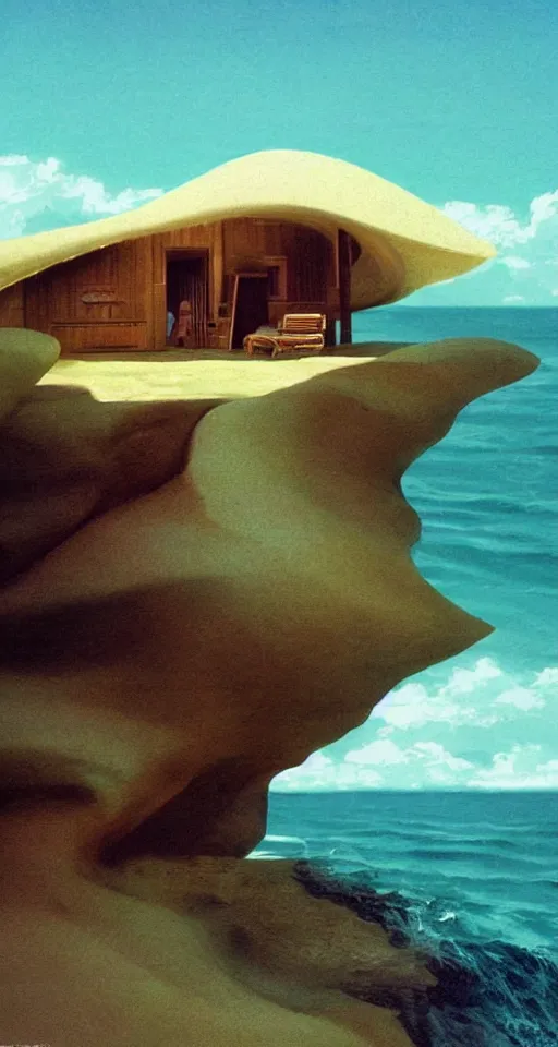 Image similar to seashell house where a hermit girl lives, atmospheric cinematography by syd mead and emmanuel lubezki