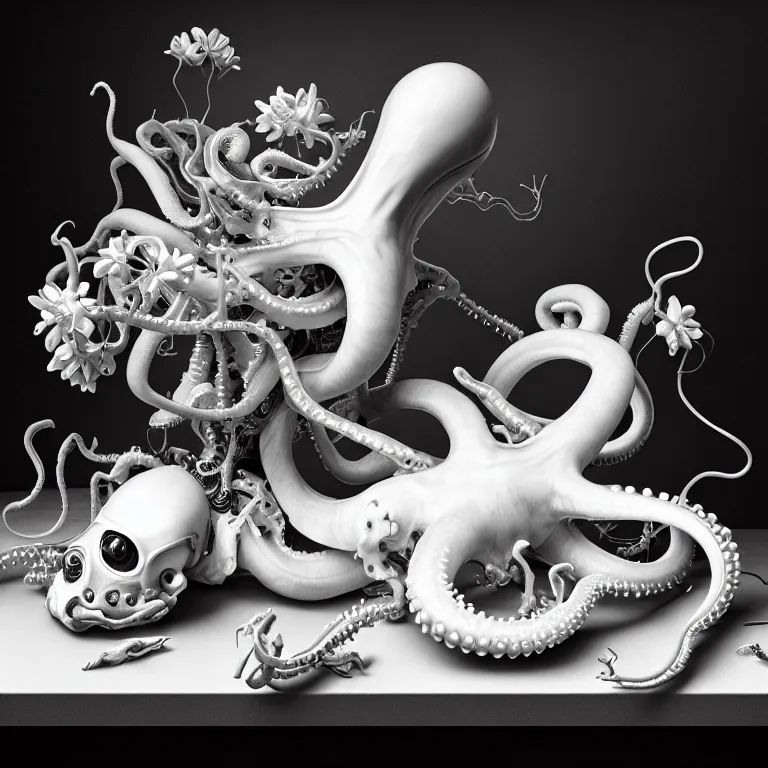 Image similar to still life of two cyborg lovers laying on a table, white flowers on a table, white alien squid, white octopus, , surreal alien ribbed white fruit, white human spine, baroque painting, beautiful detailed intricate insanely detailed octane render trending on Artstation, 8K artistic photography, photorealistic, chiaroscuro, Raphael, Caravaggio beautiful BW monochrome