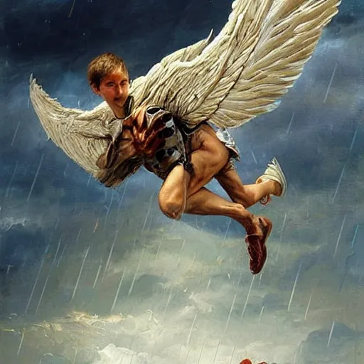 Prompt: a fourteen year old boy with and enormous mechanical bird wing strapped to his back, standing on the back of a boat in a storm, his arms spread. ready to fly, icarus, winged boy, rain, clouds, waves, splash, painting by karol bak
