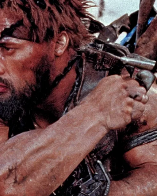 Image similar to film still close up shot of dwayne johnson as max rockatansky in the movie mad max 2 the road warrior. photographic, photography