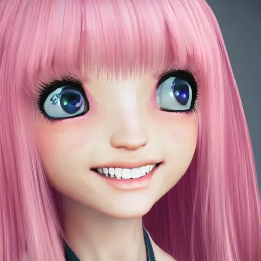 Prompt: Render of Nikki from Shining Nikki Dress-Up Game, a cute 3D young woman, long light pink hair, full bangs, full round face, hazel amber eyes, pale skin, cute freckles, light blush, Chinese heritage, smiling softly, wearing casual clothing, interior lighting, cozy living room background, medium shot, mid-shot, hyperdetailed, trending on Artstation, Unreal Engine 4k