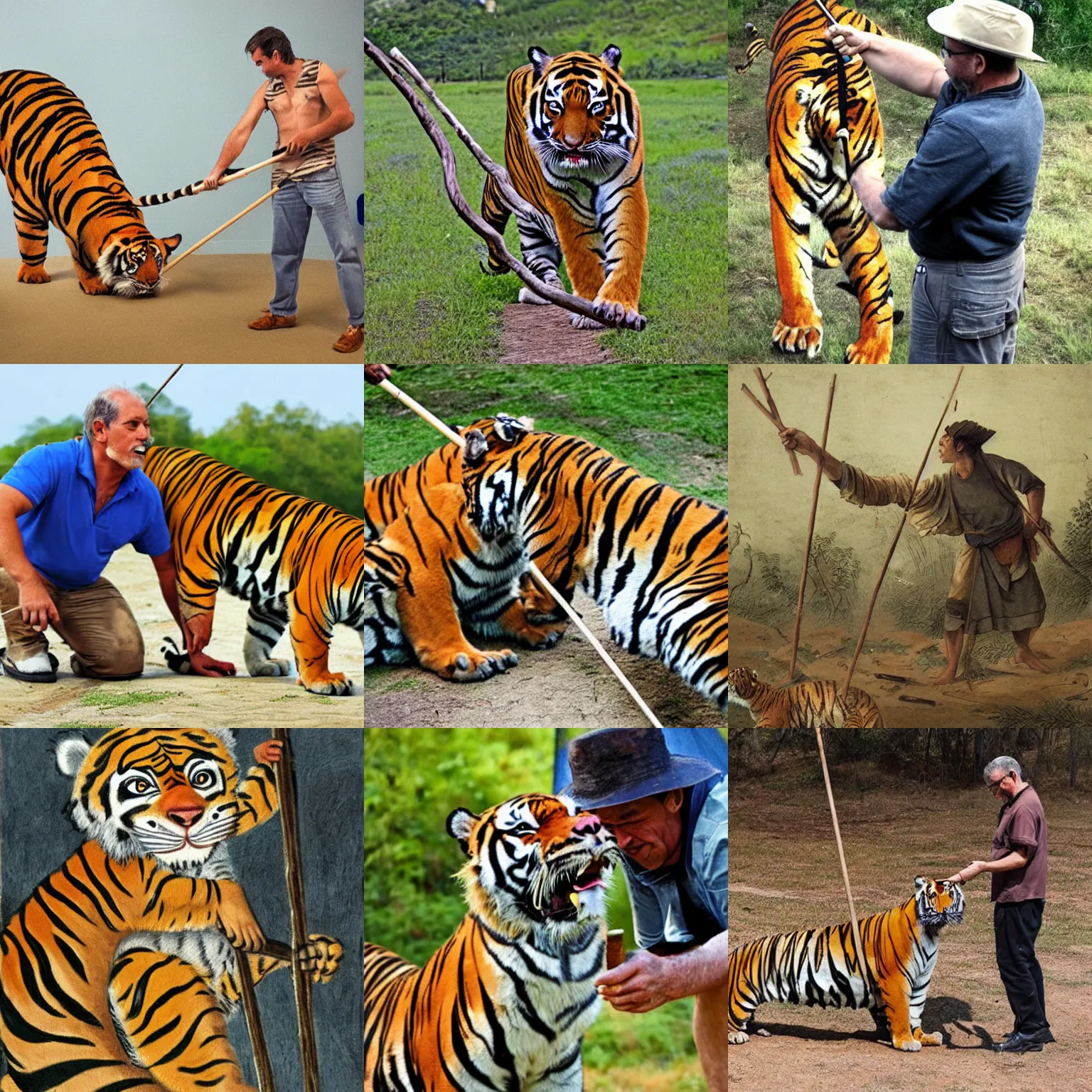 Prompt: a man poking a tiger with a long stick