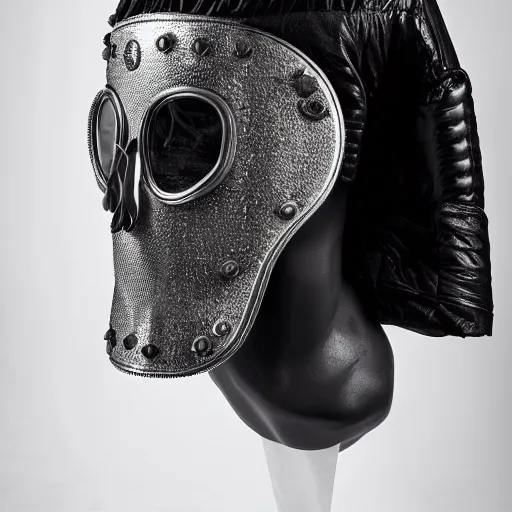 Image similar to wet plate photo, black man, silver metallic moncler jacket, dystopian metal mask,