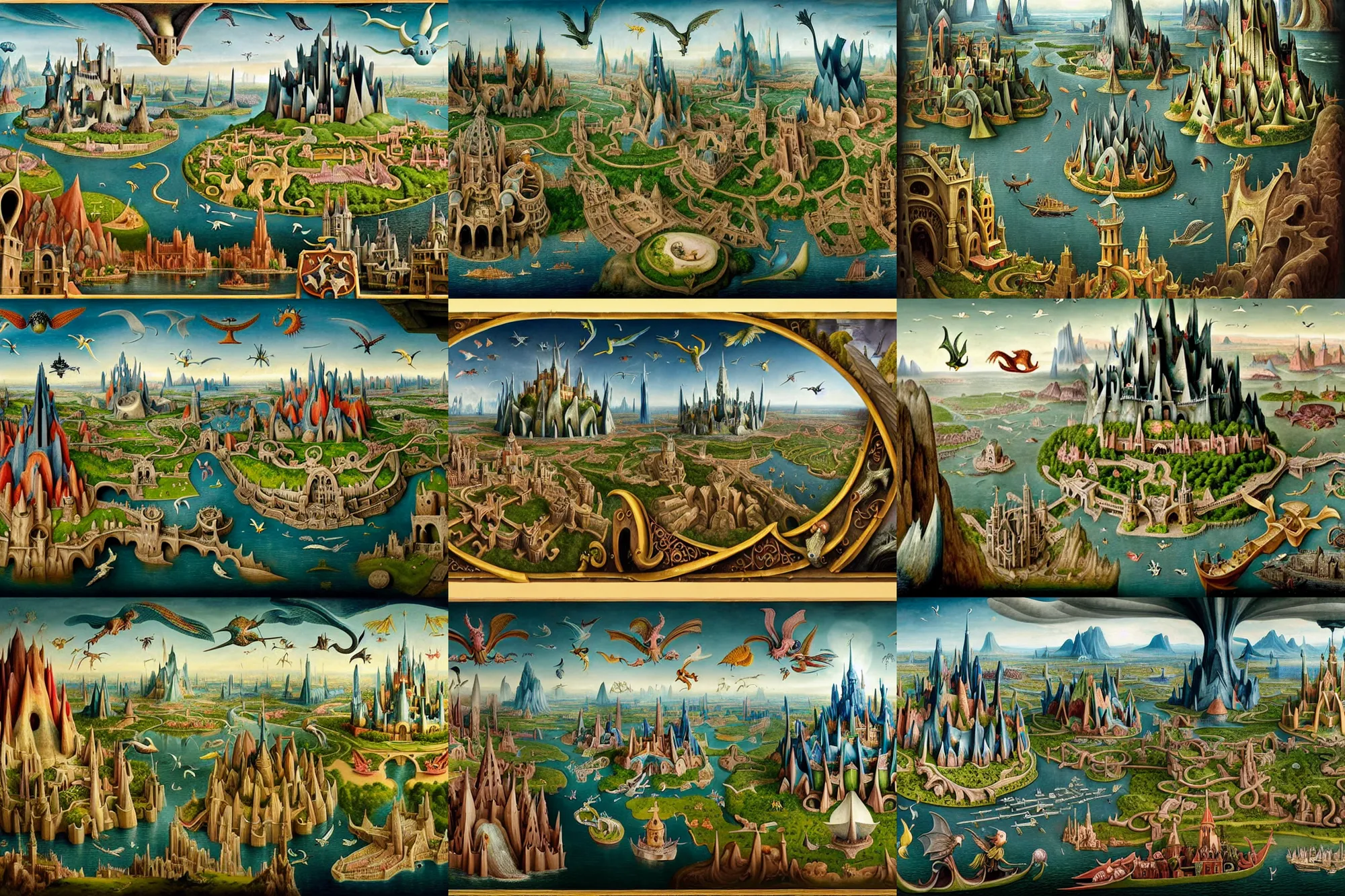 Prompt: a beautiful and insanely detailed matte painting of a magical mythical medieval sprawling city with surreal architecture and mythical flying creatures designed by Heironymous Bosch, mega structures inspired by Heironymous Bosch's Garden of Earthly Delights, ships in the harbor, the entrance to the city gates is an open mouth surreal head designed by heironymous bosch!!, a collaboration between Bernardo Bellotto and Jim Burns and Noah Bradley and Tyler Edlin, rich pastel color palette, masterpiece!!, grand, imaginative!!!, whimsical, intricate details, sense of awe, fantasy realism, complex composition!!