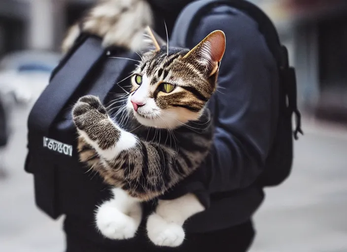 Image similar to photography of a Cat being carried in an half open backpack . in a new york street. award winning photo, led lighting, night, 130mm, sharp, high res