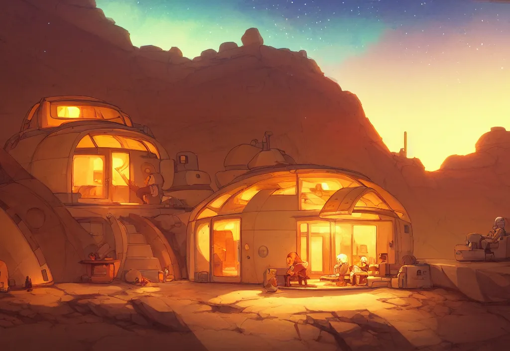 Image similar to sci - fi chubby house in the desert at night, bondfire, rocks, mountain, river, intricate oil painting, high detail illustration, sharp high detail, manga and anime 1 9 9 9, official fanart behance hd artstation by jesper ejsing and makoto shinkai, 4 k,