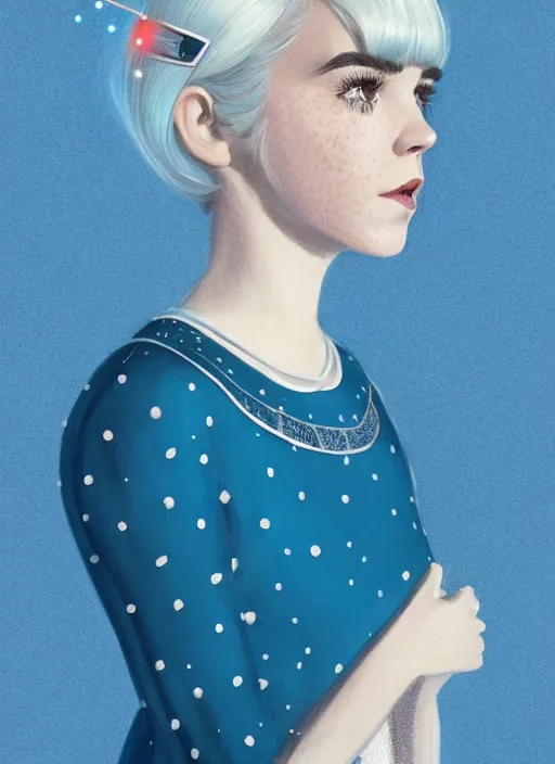 Image similar to portrait of kiernan shipka with freckles, white hair, big 1 9 6 0 s bob hairstyle with bangs and hairband, blue 1 9 6 0 s dress, intricate, elegant, glowing lights, highly detailed, digital painting, artstation, concept art, smooth, sharp focus, illustration, art by wlop, mars ravelo and greg rutkowski