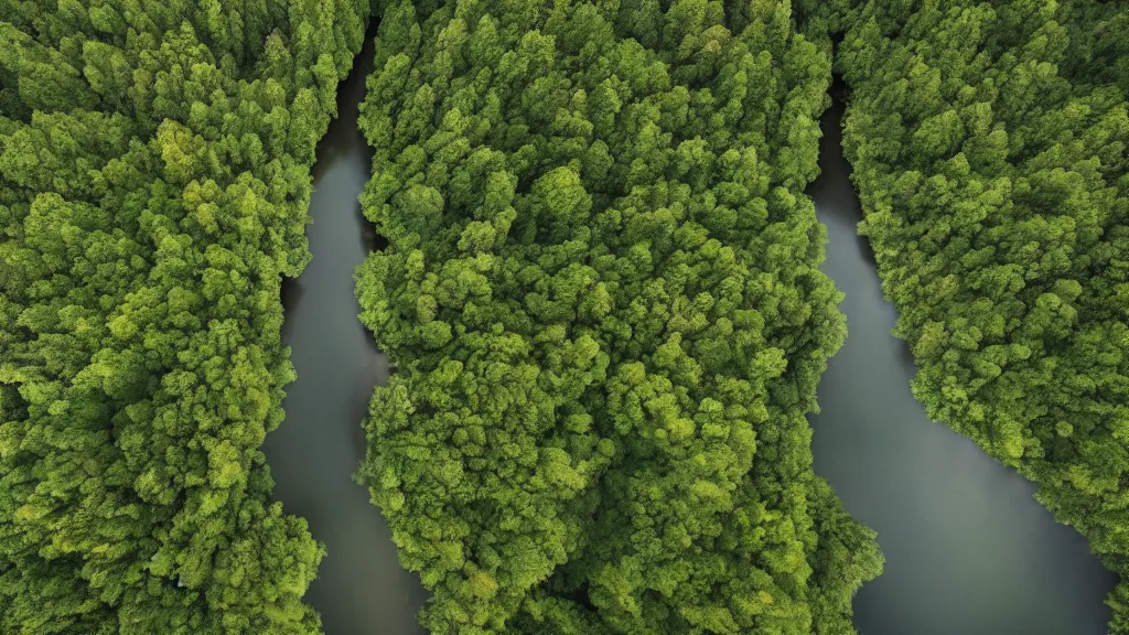 Prompt: a river crossing a forest aerial perspective