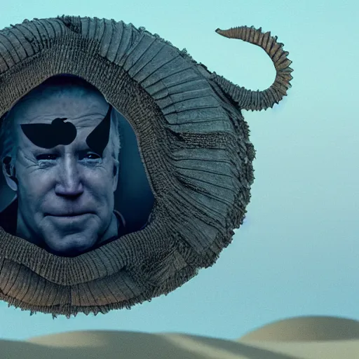 Prompt: photorealistic face Joe Biden as a mask over a dune sandworm with body; photograph, cgi 4k