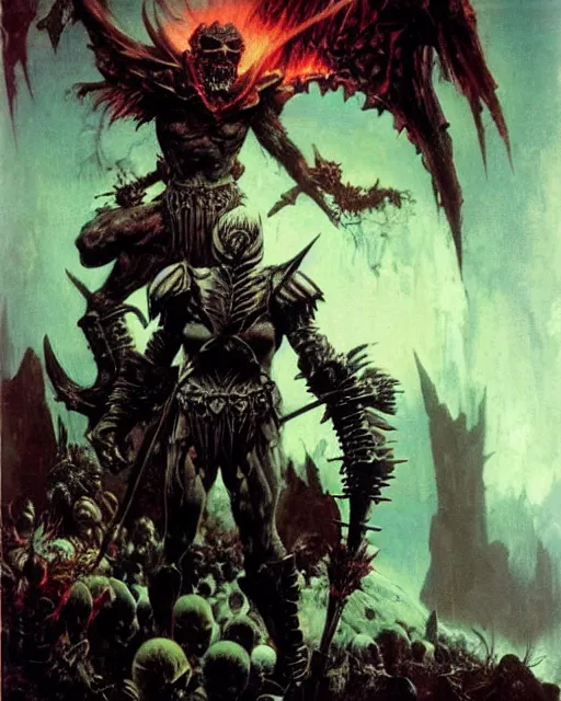 Image similar to the death knight by Frank Frazetta. Thomas Cole and Wayne Barlowe