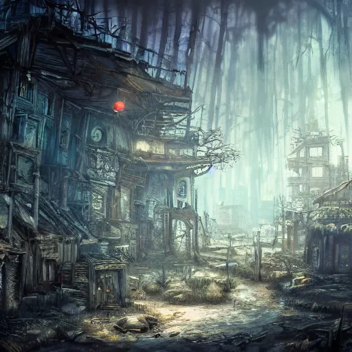 Prompt: A post-apocalyptic village in fairy tale forest in the style of cyberpunk in the style of dark fantasy art Trending on artstation DeviantArt Pinterest detailed Photorealistic HD 8k highlights and shadow detailed High Resolution