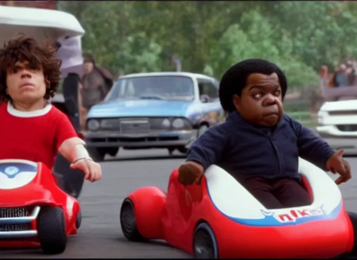 Image similar to peter dinklage racing gary coleman driving a little tikes cars, movie still, from the new fast and furious movie, 8 k, realistic