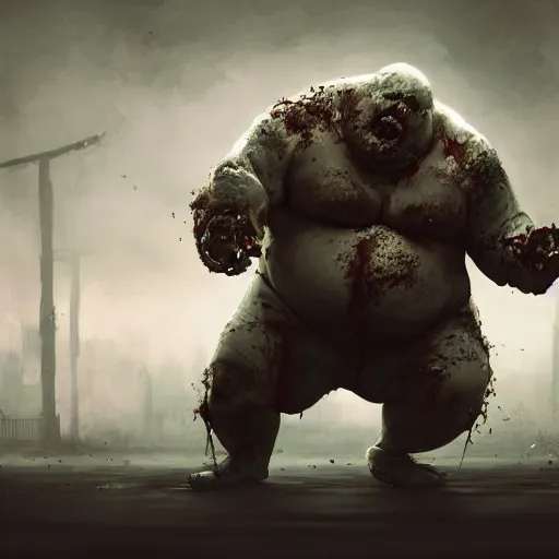 Image similar to angry extremely fat obese giant bloated zombie, full body portrait, with clothese, horror core, apocalyptic, feeling of grimdark, sharp focus, fiction, hyper detailed, digital art, trending in artstation, cinematic lighting, studio quality, smooth render, unreal engine 5 rendered, octane rendered, art style and nixeu and wlop and krenz cushart