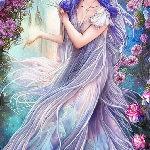 Prompt: Ethereal goddess of the moon, beautiful blue silver hair woman like Dilraba Dilmurat, california girl, wearing a flowing dress, lots of flowers, symmetrical face, art nouveau, portrait, cute, playful, fairy, harper's bazaar, pearlescent, sacred geometry, detailed background, featured on artstation, by Daniel Gerhartz, by ross tran, bright pastel colors, face by artgerm, by Kelly McKernan, by Charlie Bowater, by Laura rubin, 8k