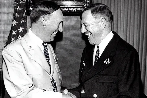 Image similar to “ very very intricate photorealistic photo of hitler and joe biden laughing together, detailed natural lighting, award - winning crisp details ”