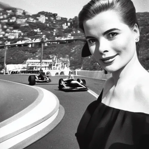 Image similar to selfie smartphone photo of a young Grace Kelly at the Monaco Gran Prix, F1 cars blurred in background, iphone photo, smartphone resolution, trending on instagram, influencer photography