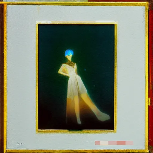 Prompt: an oil painting of a nostalgic nacar and tortoiseshell very very very very scarlet Hatsune Miku surrounded by the ocean dreamy autochrome pinhole photography futuristic y2k white pure estructure liminal, white fog painting, glided golden paper HD bokeh lighting chiaroscuro vaporwave 80s nostalgic