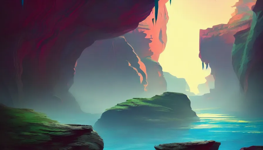 Prompt: concept art by jama jurabaev, cel shaded, cinematic shot, trending on artstation, high quality, brush stroke, vibrant colors, at night, the mysterious canyon stream, with shining feathers floating in the air, is extremely beautiful