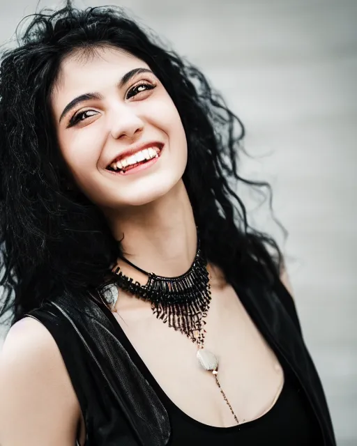 Image similar to a portrait of a beautiful Young female with long disheveled black hair, beautiful and smiling, sweet looks, white skin and reflective eyes, black tank top, black leather shiny jeans, an ankh necklace white colors in the background, 500px photos, top cinematic lighting , cinematic mood, very detailed, shot in canon 50mm f/1.2