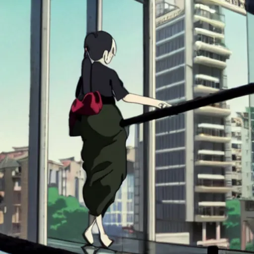 Prompt: a blonde woman wearing black with a ponytail stands on her balcony, still from urban scenes directed by Hayao Miyazaki