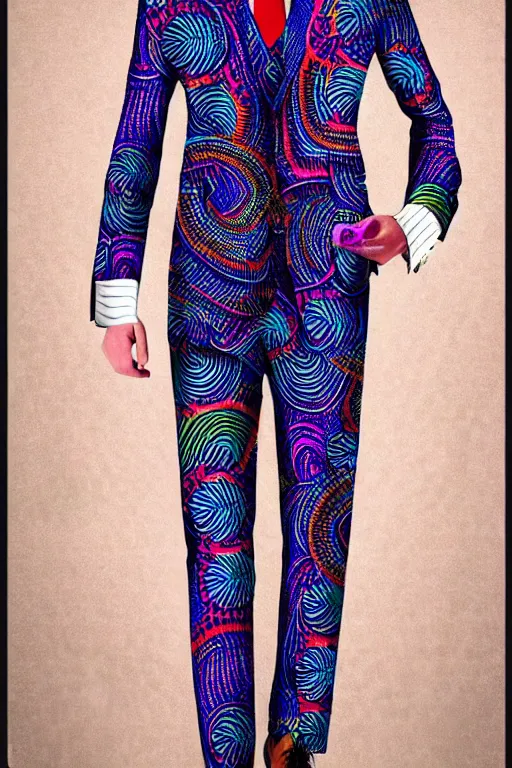 Prompt: psychedelic fashion business suit maximalist 1 9 2 0 s optical illustion pattern textile business suit uniform