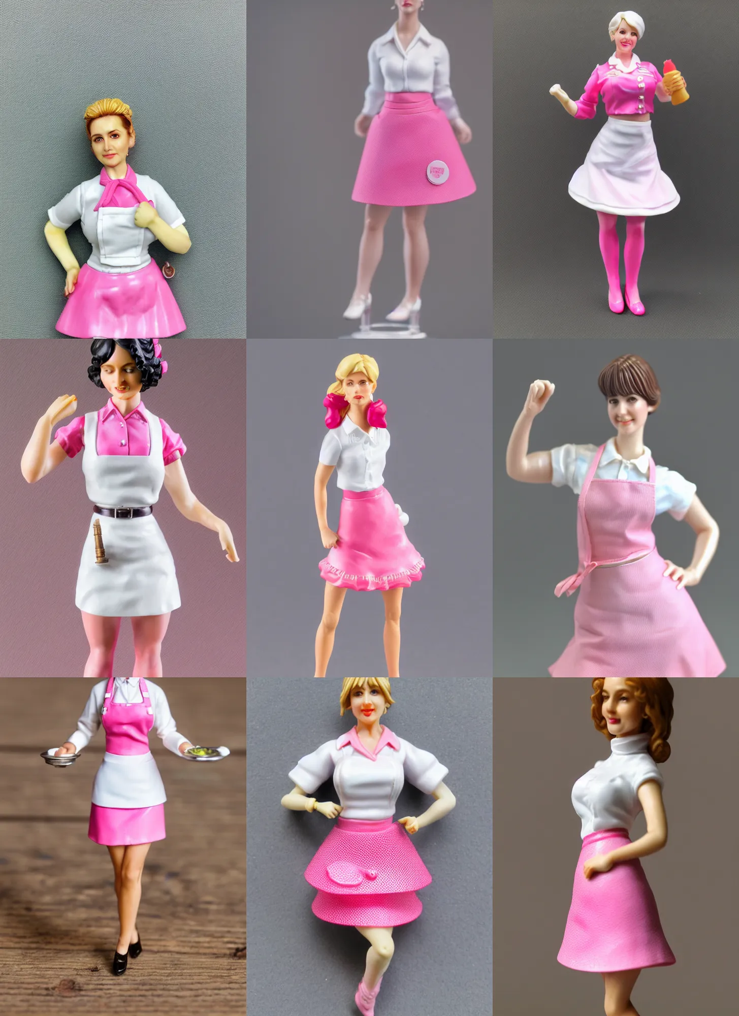 Prompt: 80mm resin detailed miniature of a Waitress woman, white blouse, Pink mini-skirt, apron, thigh skin, on textured base; Miniature product Photos, 4K, Full body;