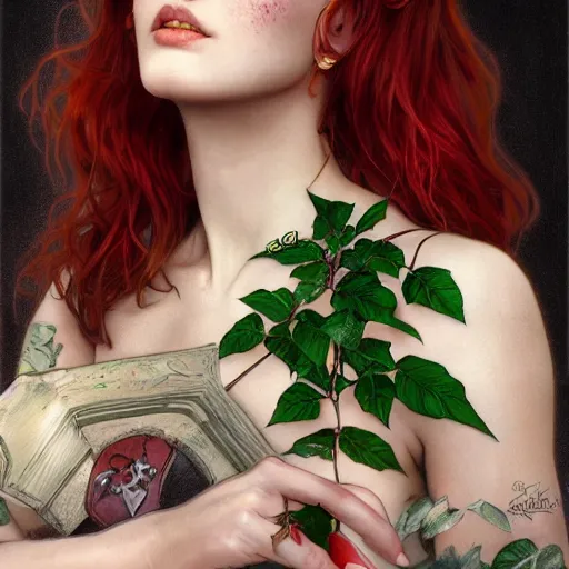 Image similar to a beautiful and detailed matte painting of a poison ivy dressed casually in clothes from hot topic, food court in a mall, dark eyeliner, intricate, elegant, highly detailed, digital painting, artstation, concept art, matte, sharp focus, illustration, art by greg rutkowski and alphonse mucha