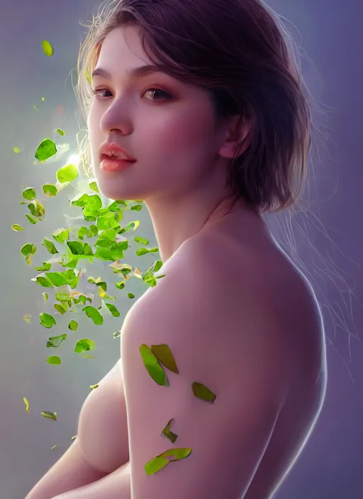 Image similar to gorgeous female full body sensual covered in translucent leaf and petals in the style of stefan kostic, cute - fine - face, dasha taran, backlit, refracted lighting, elegant, half body shot, 8 k, insanely detailed, intricate, art by stanley lau, artgerm, wlop, kuvshinov ilya,