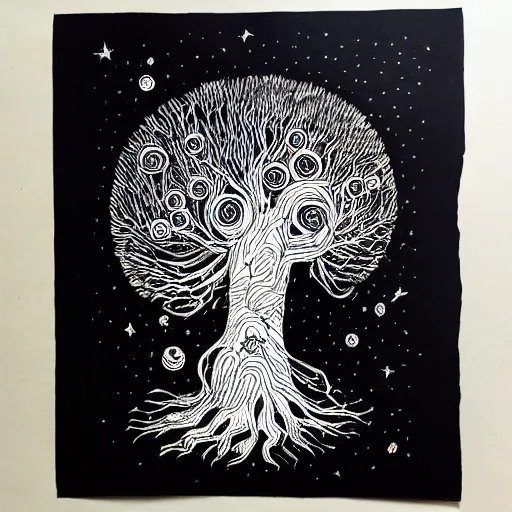 Image similar to black and white ink doodle illustration of an ancient tree floating in outer space, overgrown with funghi, style by peter deligdisch, peterdraws