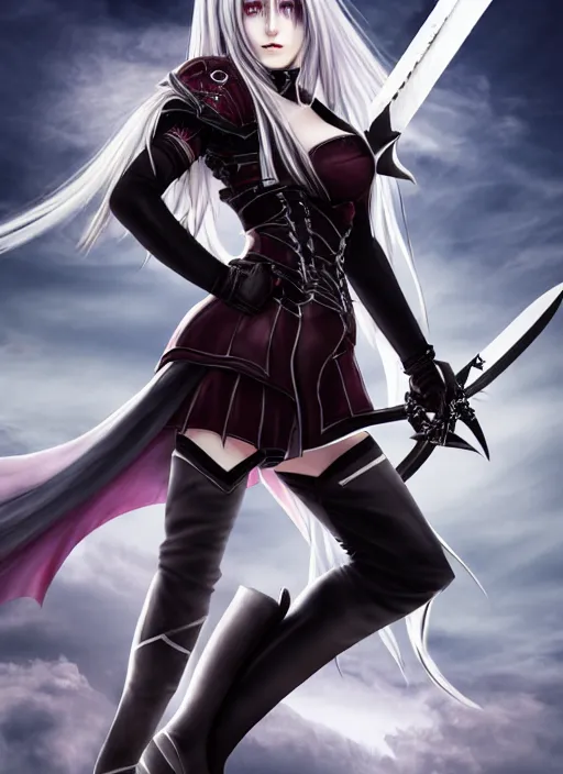 Prompt: full - body portrait, female vampire knight holding a large greatsword, lean and muscular, flying, barefoot, kickboxing foot wraps, exposed toes, black heavy armor, historical armor, metal mask, enchanting, elegant, smiling, ghostblade, wlop, modern fantasy, realistic proportions.