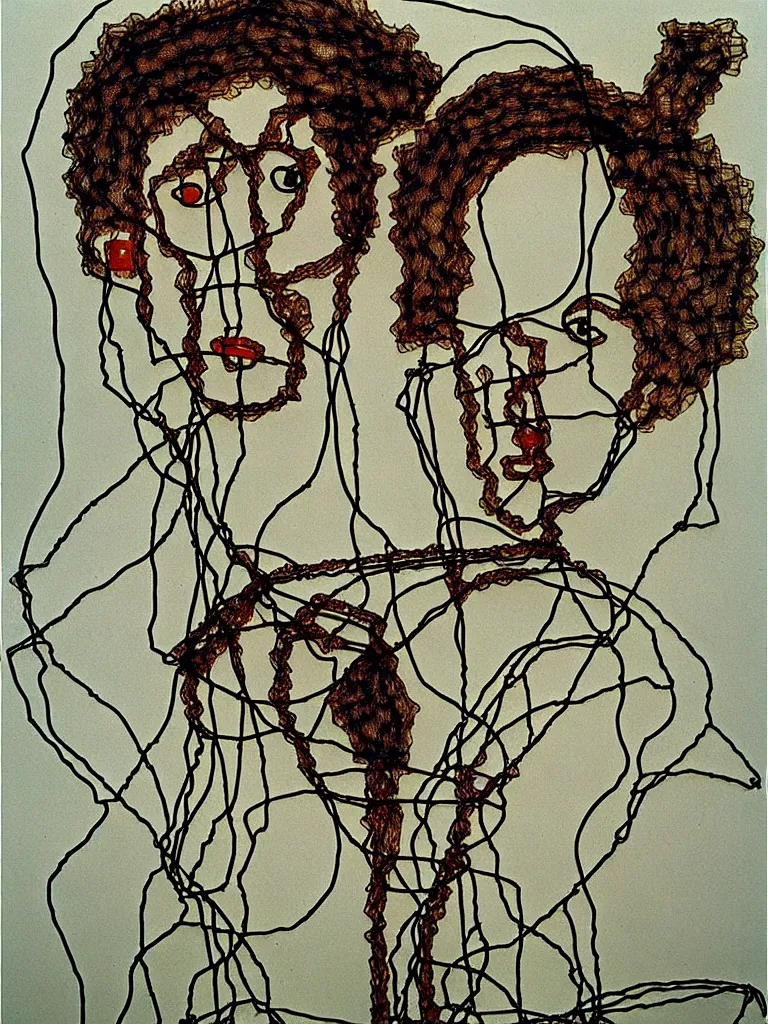 Prompt: wire art by egon schiele