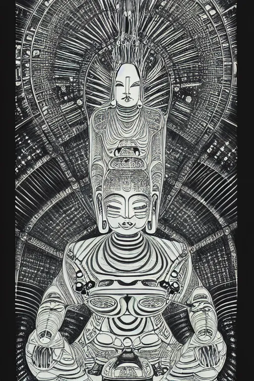 Image similar to a black and white drawing of awakened ancient futuristic japanese buddha mech meditating, bioluminescence, a detailed mixed media collage by eduardo paolozzi and ernst haeckel, intricate linework, sketchbook psychedelic doodle comic drawing, geometric, deconstructivism, matte drawing, academic art, constructivism