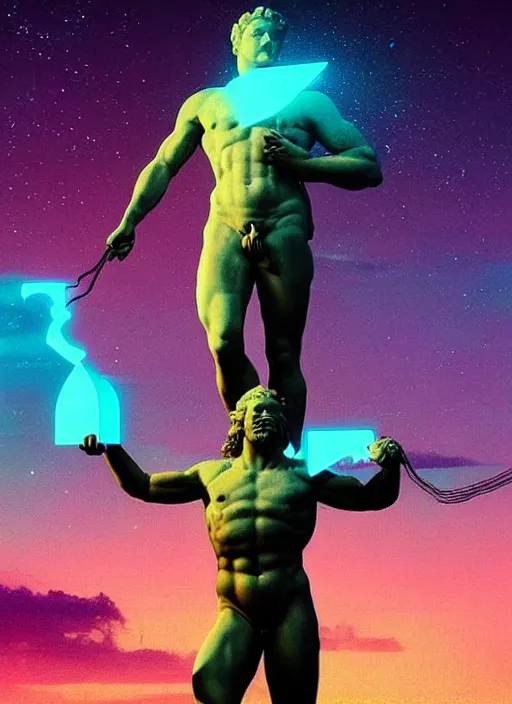 Image similar to statue of atlas, moon in the background, beeple, vaporwave, retrowave, futurism, black background, neon wiring, black, glitch, strong contrast, cuts, pinterest, trending on artstation