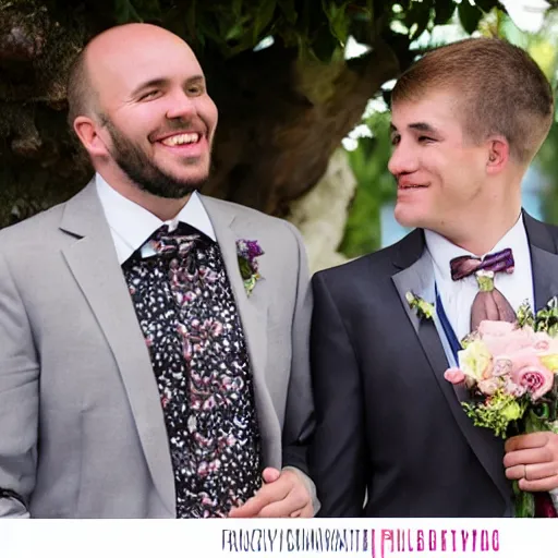 Image similar to a lovely gay wedding between a middle aged balding white man and a young skinny Latino man