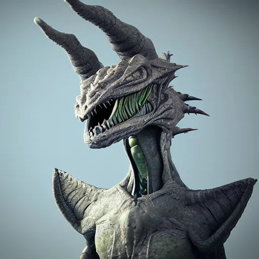 Image similar to an alien mimicking the form of a dragon, octane render, 3D, 20B parameters