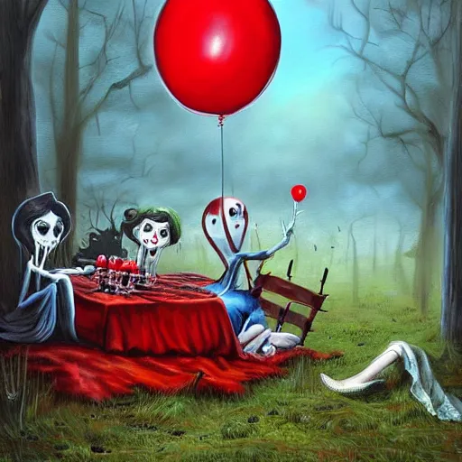 Prompt: grunge painting of a picnic with a wide smile and a red balloon by chris leib, loony toons style, pennywise style, corpse bride style, creepy lighting, horror theme, detailed, elegant, intricate, conceptual, volumetric light