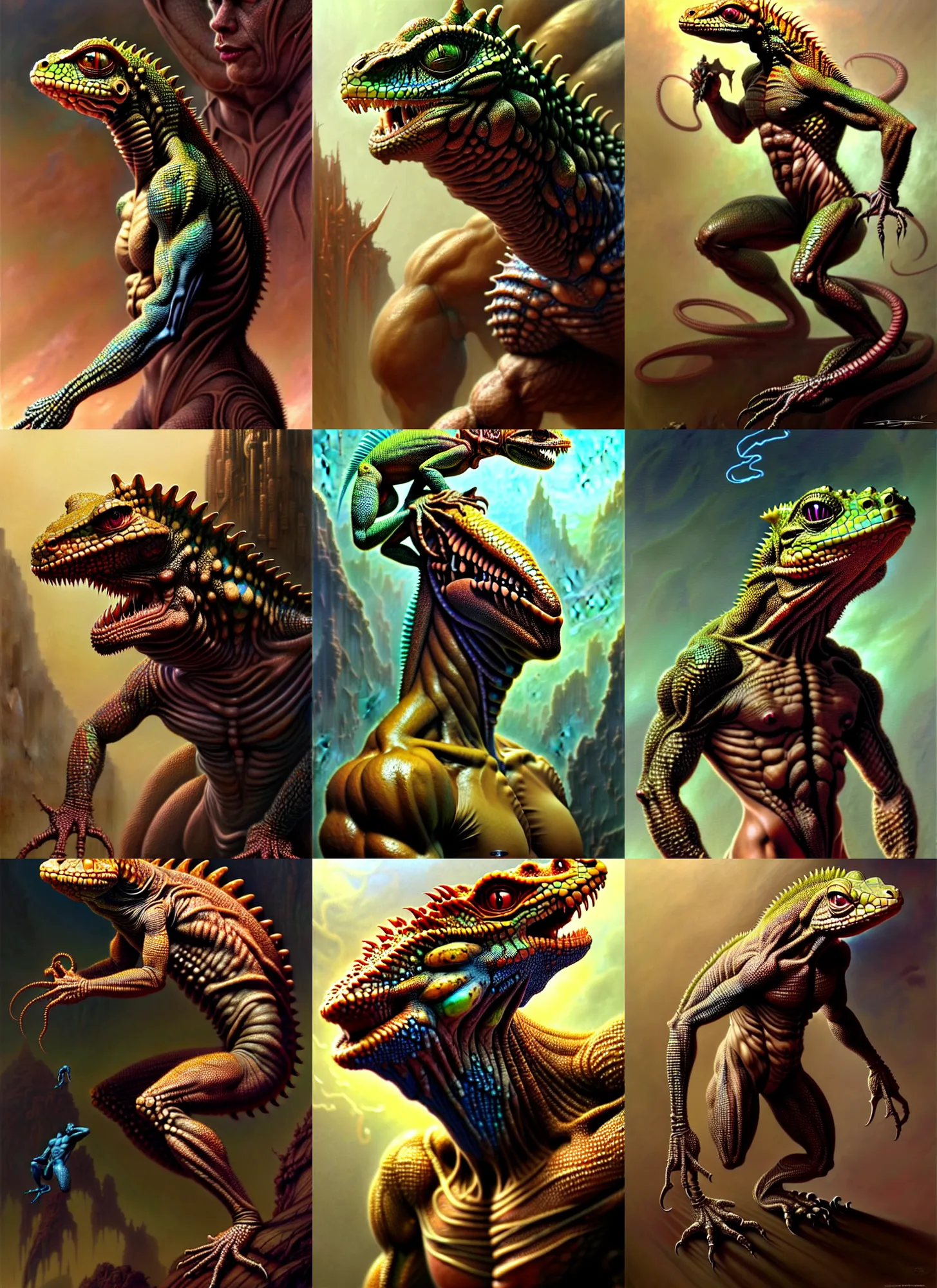 Prompt: muscly lizard half humanoid creature fantasy character portrait, interesting skin coloring,, ultra realistic, wide angle, intricate details, the fifth element artifacts, highly detailed by peter mohrbacher, hajime sorayama, wayne barlowe, boris vallejo, aaron horkey, gaston bussiere, craig mullins