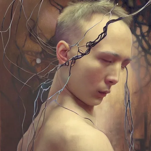 Image similar to hyperrealist portrait of elijah zu bailey, it is decorated with long wires that fall like vines and wears small computers over their body. by jeremy mann and alphonse mucha, fantasy art, photo realistic, dynamic lighting, artstation, poster, volumetric lighting, very detailed faces, 4 k, award winning