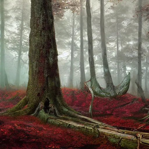 Image similar to an old big shipwreck in an autumn forest, green and red tones, by Aron Wiesenfeld and beksincki, cinematic, detailed illustration, nature, fog, dark colors, suspense, intricate, 8k