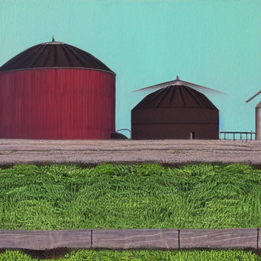 Image similar to exterior view of modern futuristic farm barn architecture, silo, feed troughs, cows, pigs, chickens, detailed luminescent oil painting 4 k