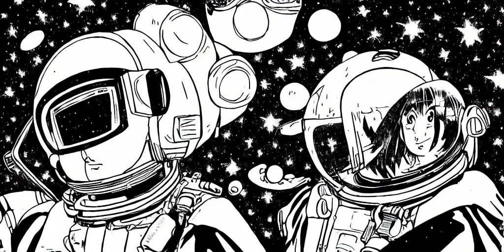 Image similar to manga portrait of a woman wearing a space helmet, akira toriyama, lineart, black and white, scifi, big clouds visible in the background, stars in the sky, high contrast, deep black tones