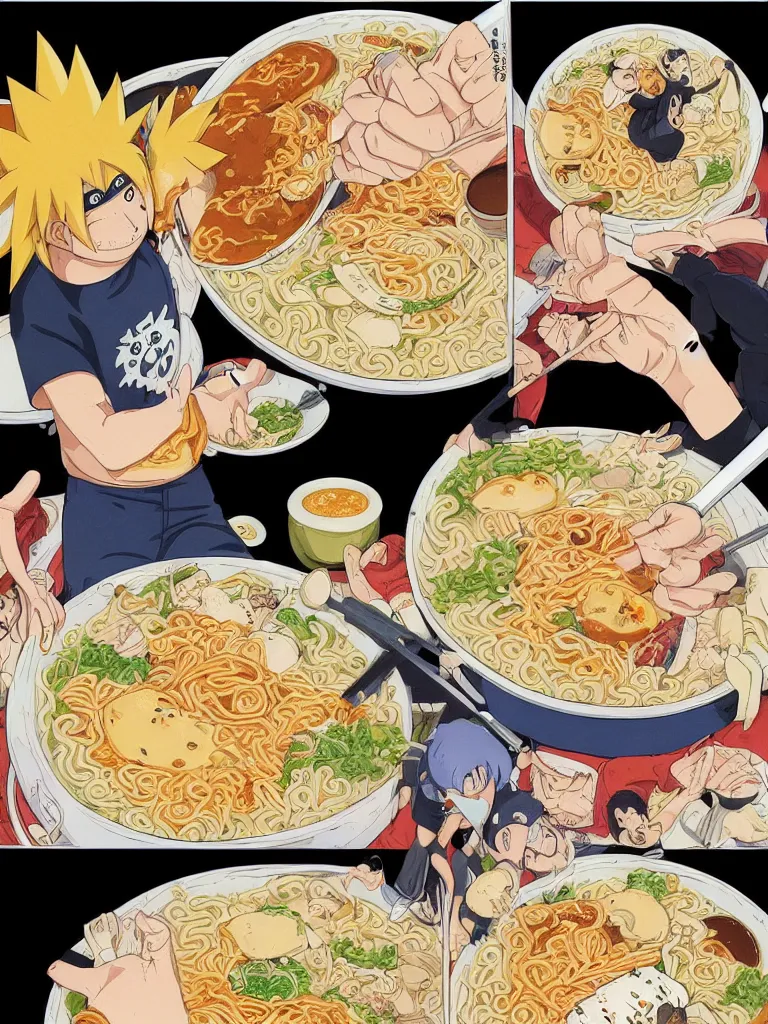 Image similar to a color manga comic page illustration of naruto eating progressively large bowls of ramen. his mood is one of delicious bliss and the sense of the image is excitement. the image is illustrated in high colorful detail by masashi kishimoto and is very very very detailed.
