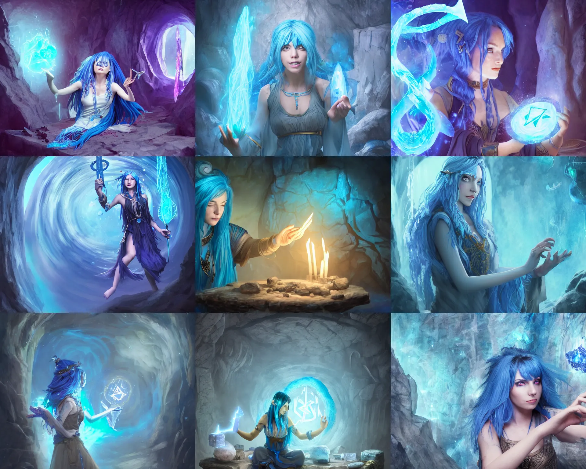 Prompt: blue haired female casting a spell, floating magical runes and sigils, floating spellbook, flowing robes, in a cave with crystals on the walls, artstation, highly detailed, fantasy, cinematic composition, dramatic lighting, trending, 8 k hd