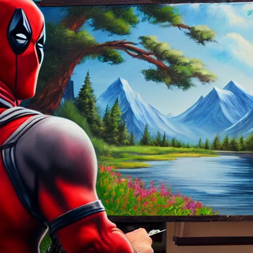 Image similar to a closeup photorealistic photograph of bob ross working on a canvas painting of deadpool. film still. brightly lit scene. mountains and trees. this 4 k hd image is trending on artstation, featured on behance, well - rendered, extra crisp, features intricate detail, epic composition and the style of unreal engine.